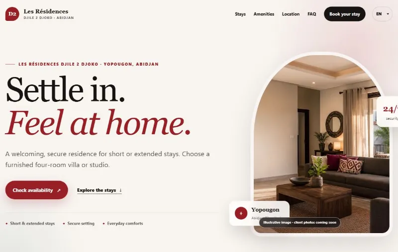 Local English-language lodging website preview; property imagery is labelled as illustrative.